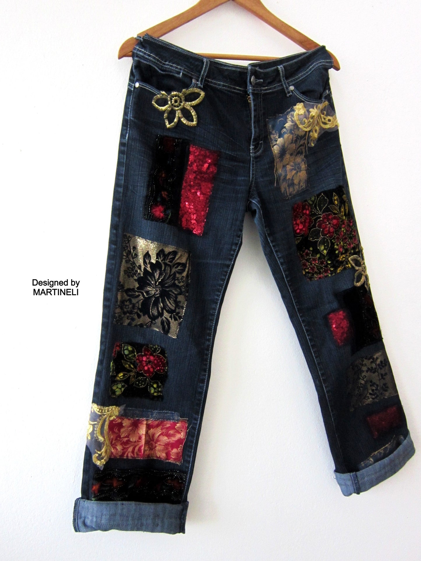 Boho Floral Jeans for Women,M Embroidered Jeans