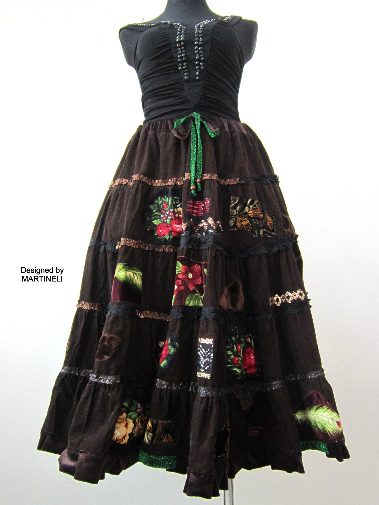 Long Brown Corduroy Skirt,XL Boho Gypsy Embroidered Skirt
