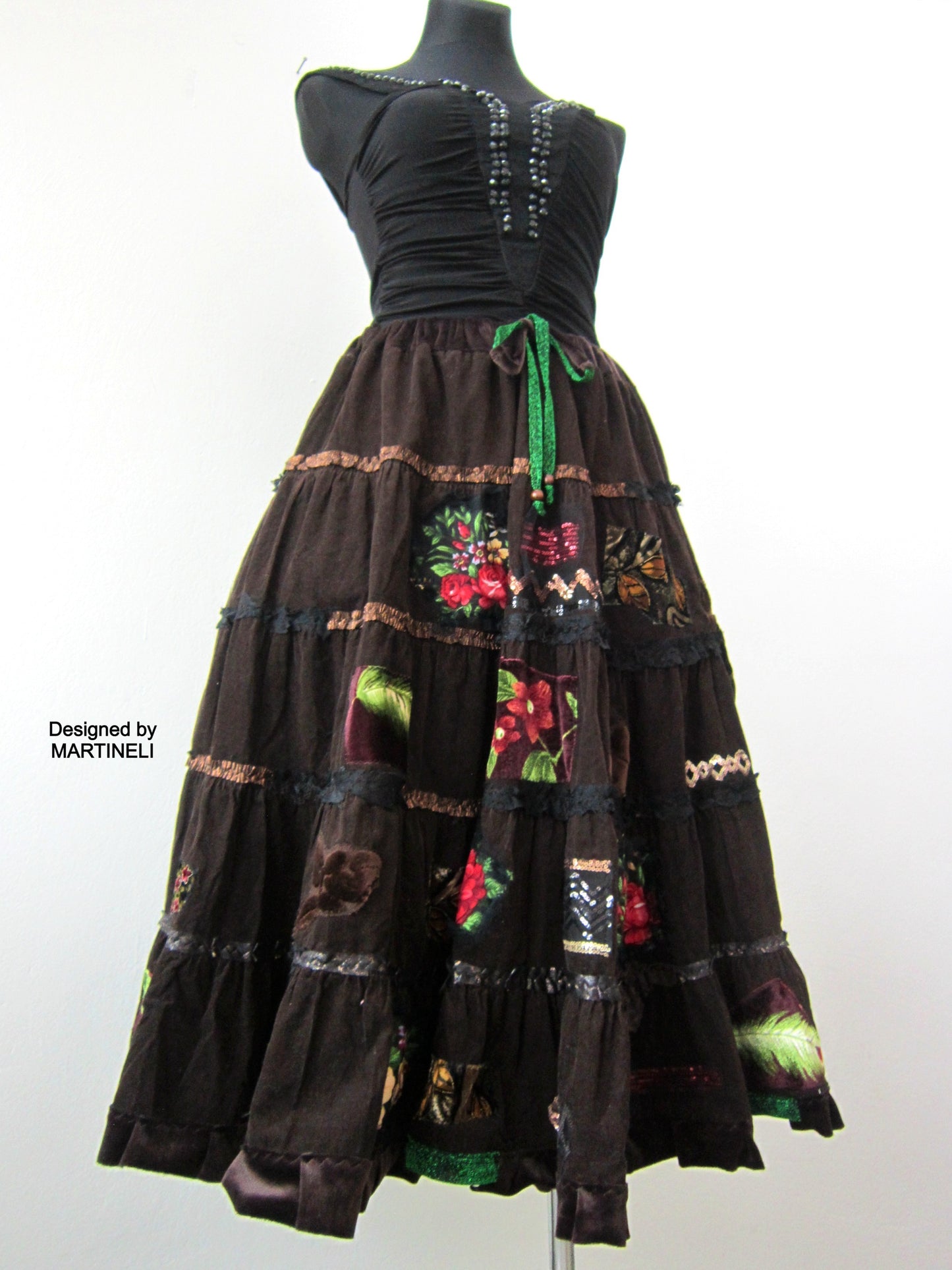 Long Brown Corduroy Skirt,XL Boho Gypsy Embroidered Skirt