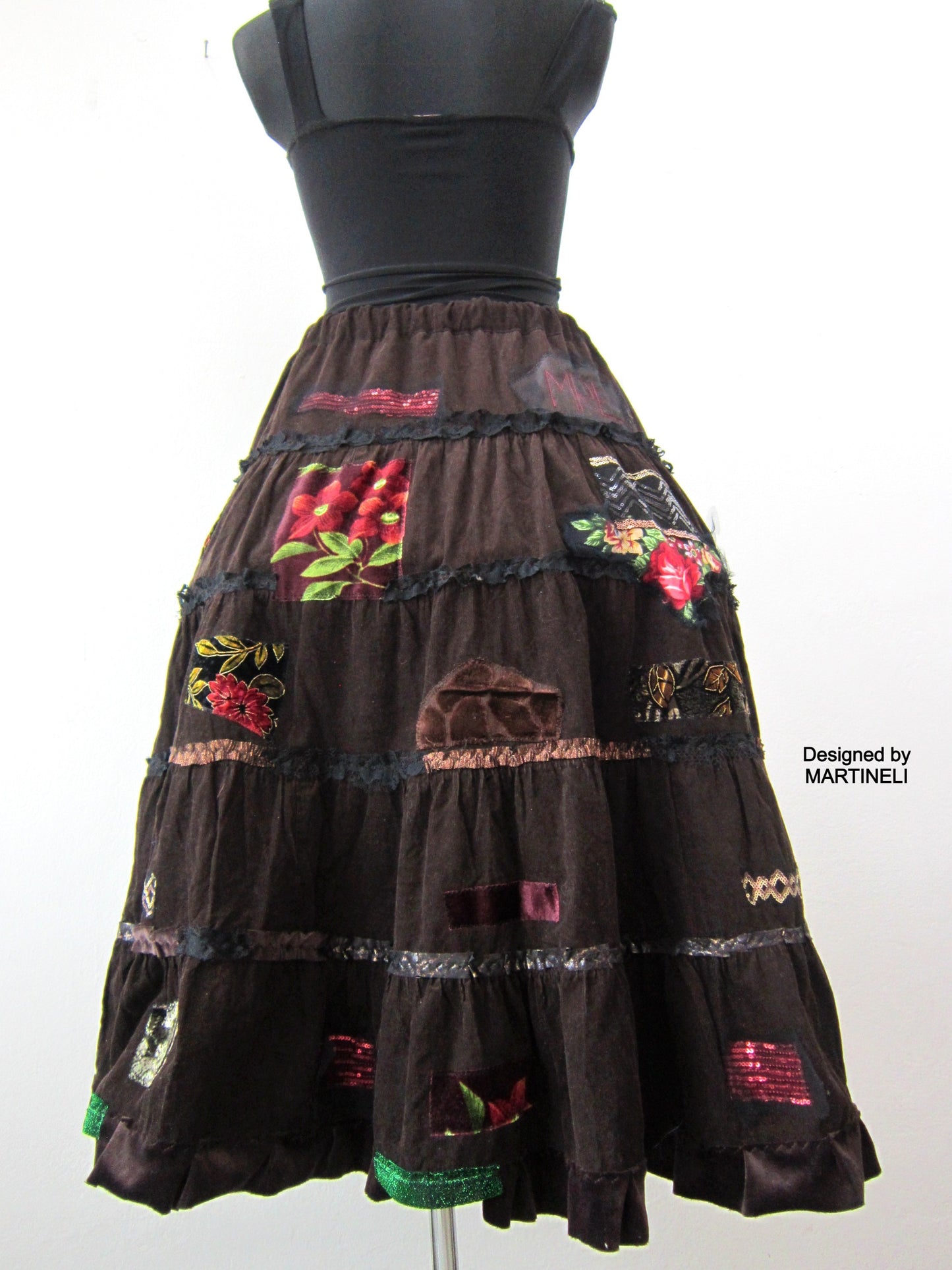 Long Brown Corduroy Skirt,XL Boho Gypsy Embroidered Skirt