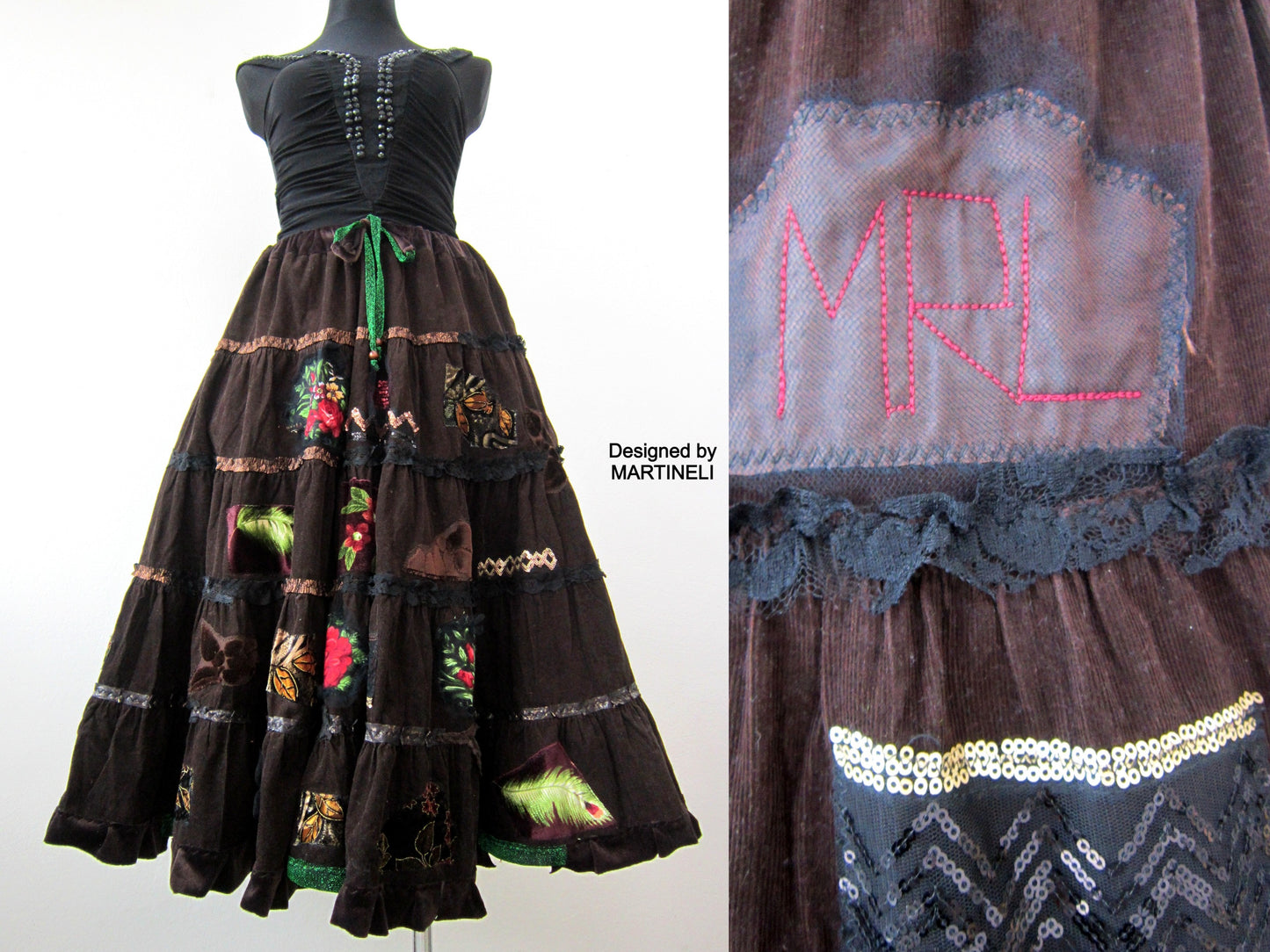 Long Brown Corduroy Skirt,XL Boho Gypsy Embroidered Skirt