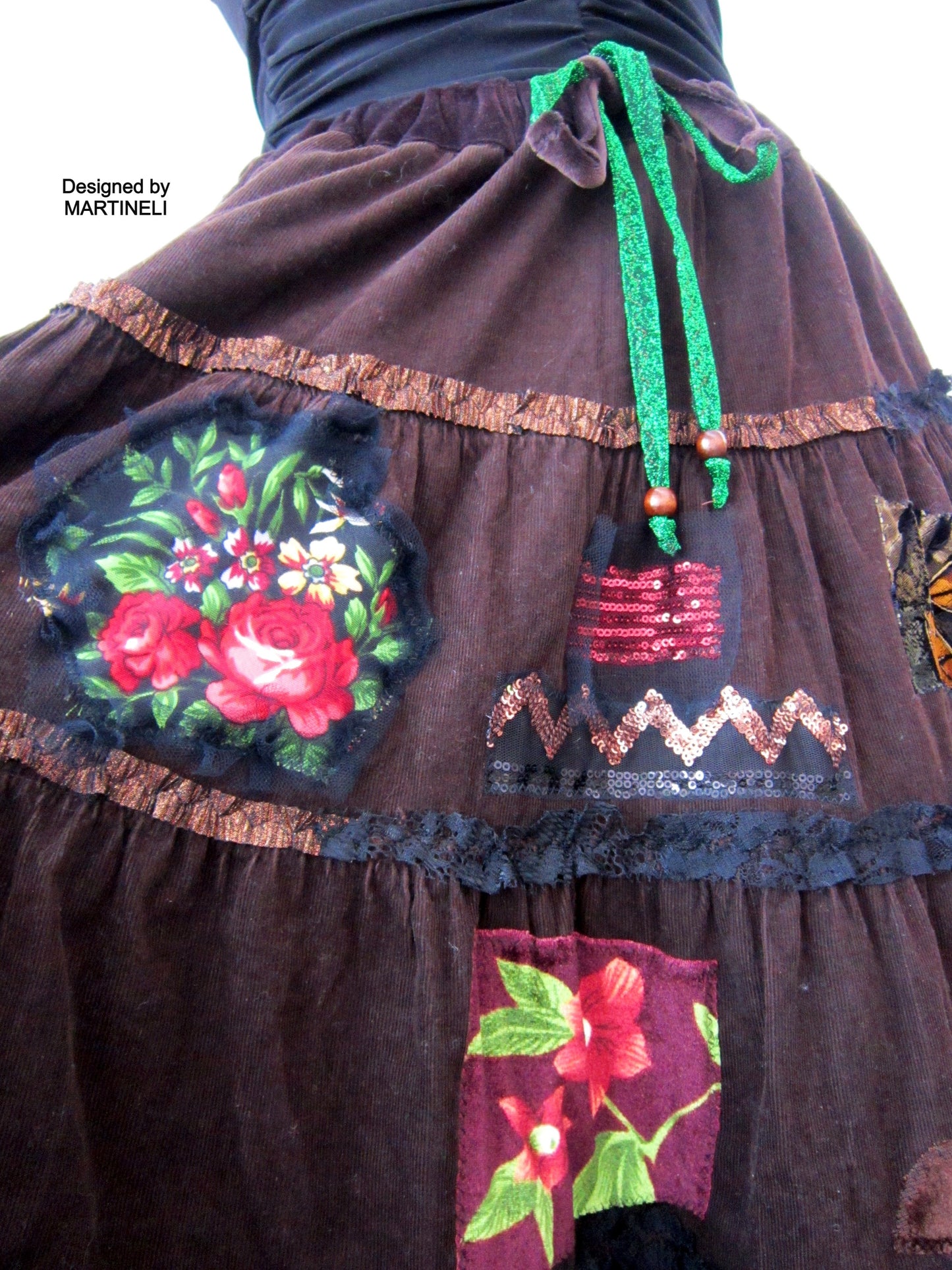 Long Brown Corduroy Skirt,XL Boho Gypsy Embroidered Skirt