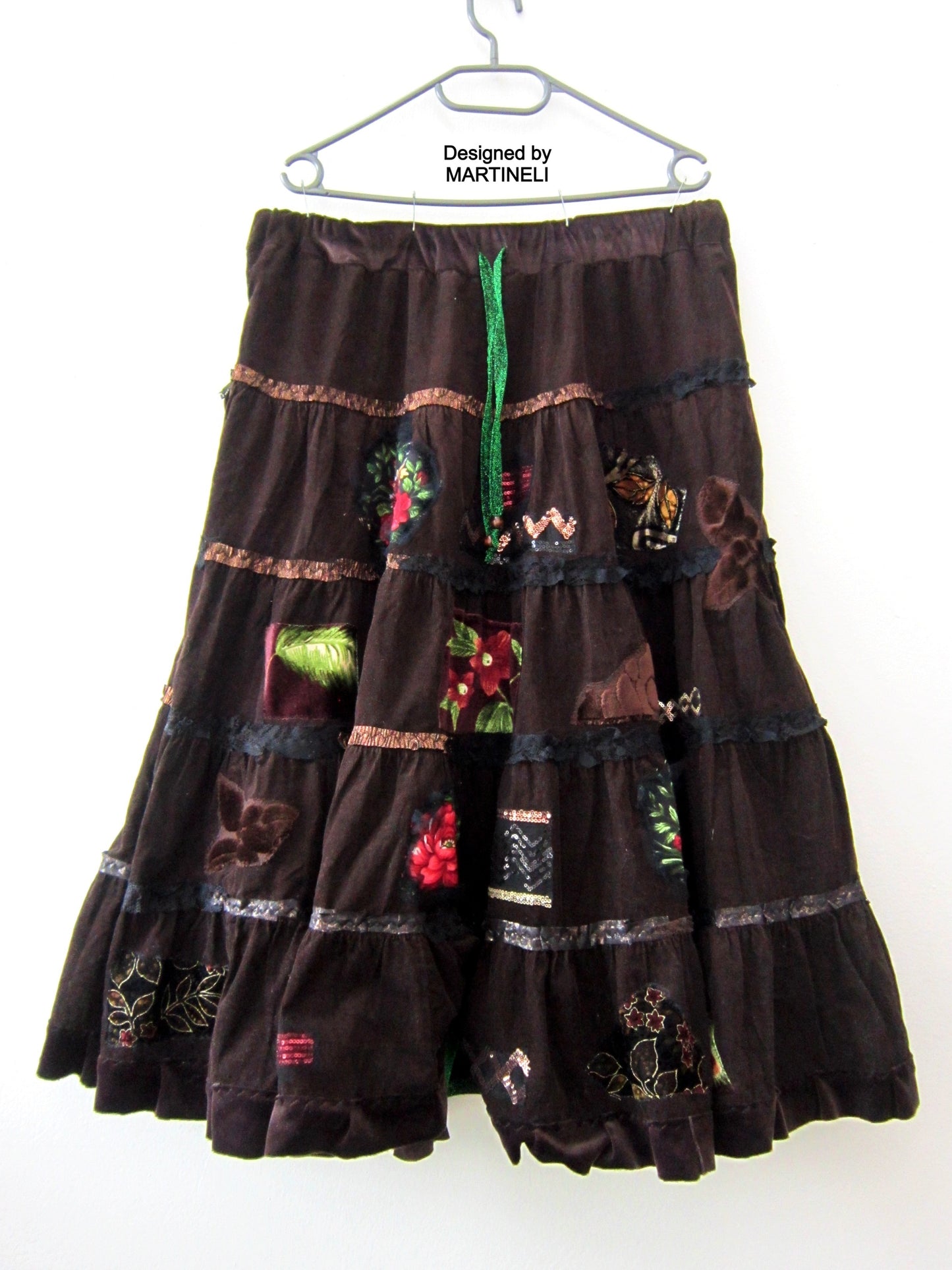 Long Brown Corduroy Skirt,XL Boho Gypsy Embroidered Skirt