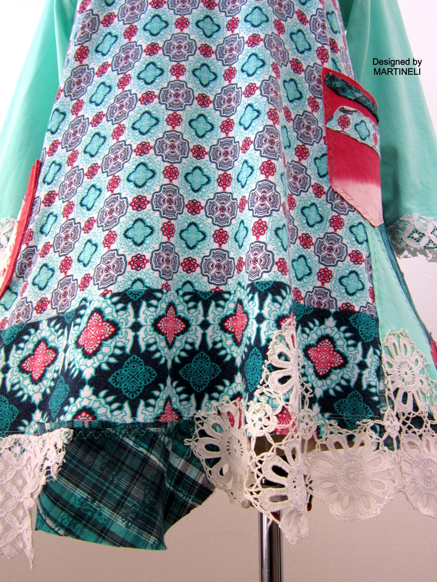 Boho Turquoise Tunic Dress,L Short Cotton Upcycled Dress