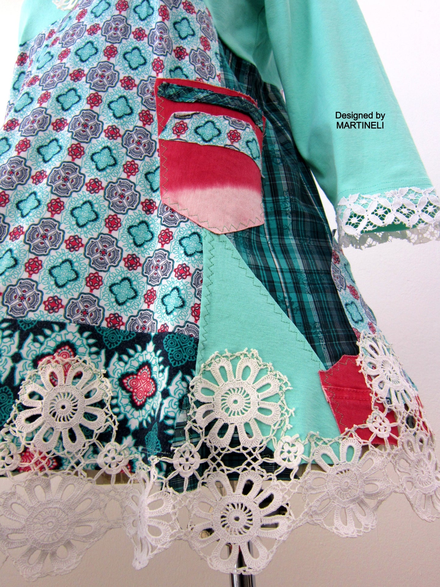 Boho Turquoise Tunic Dress,L Short Cotton Upcycled Dress