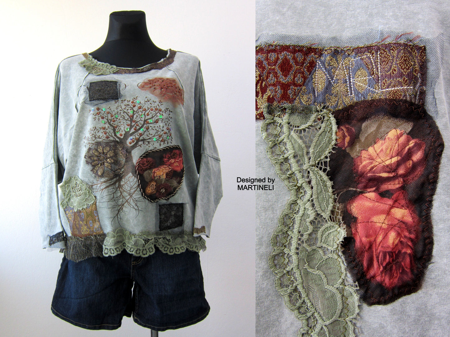 Embroidered Sweatshirt for Women,M Gray Cotton Top