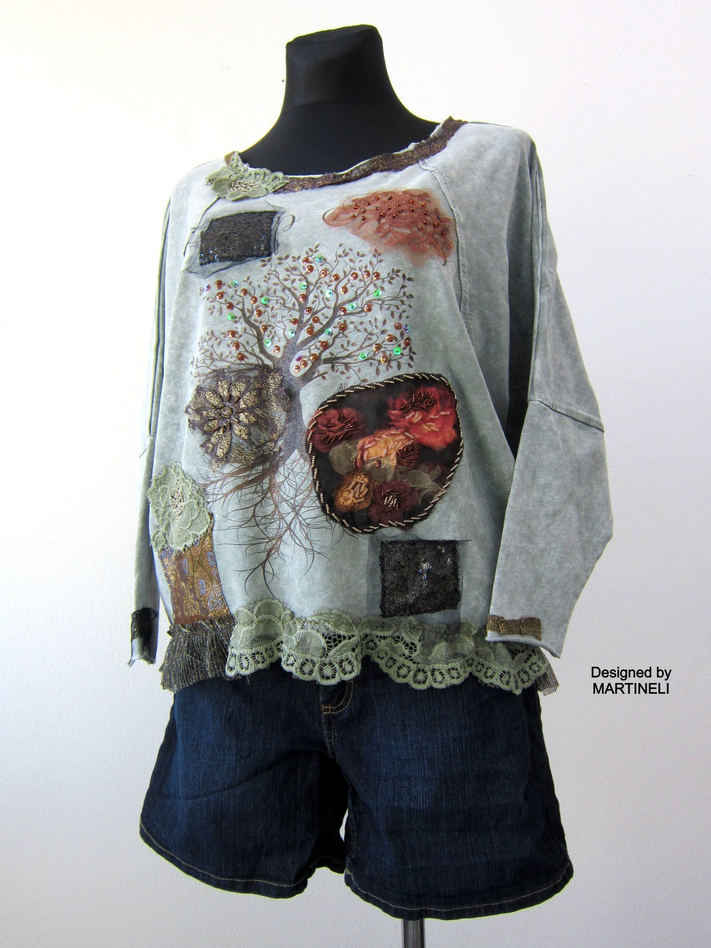 Embroidered Sweatshirt for Women,M Gray Cotton Top