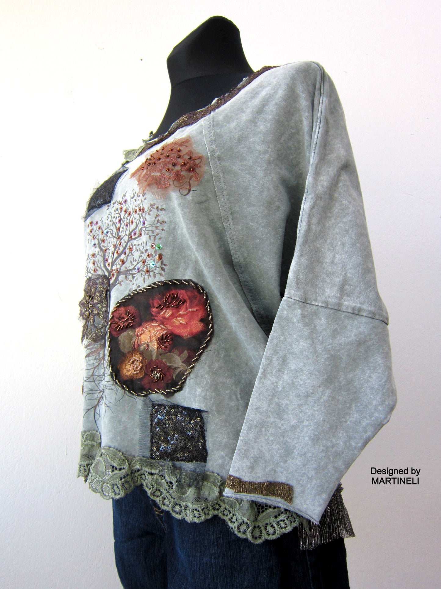 Embroidered Sweatshirt for Women,M Gray Cotton Top