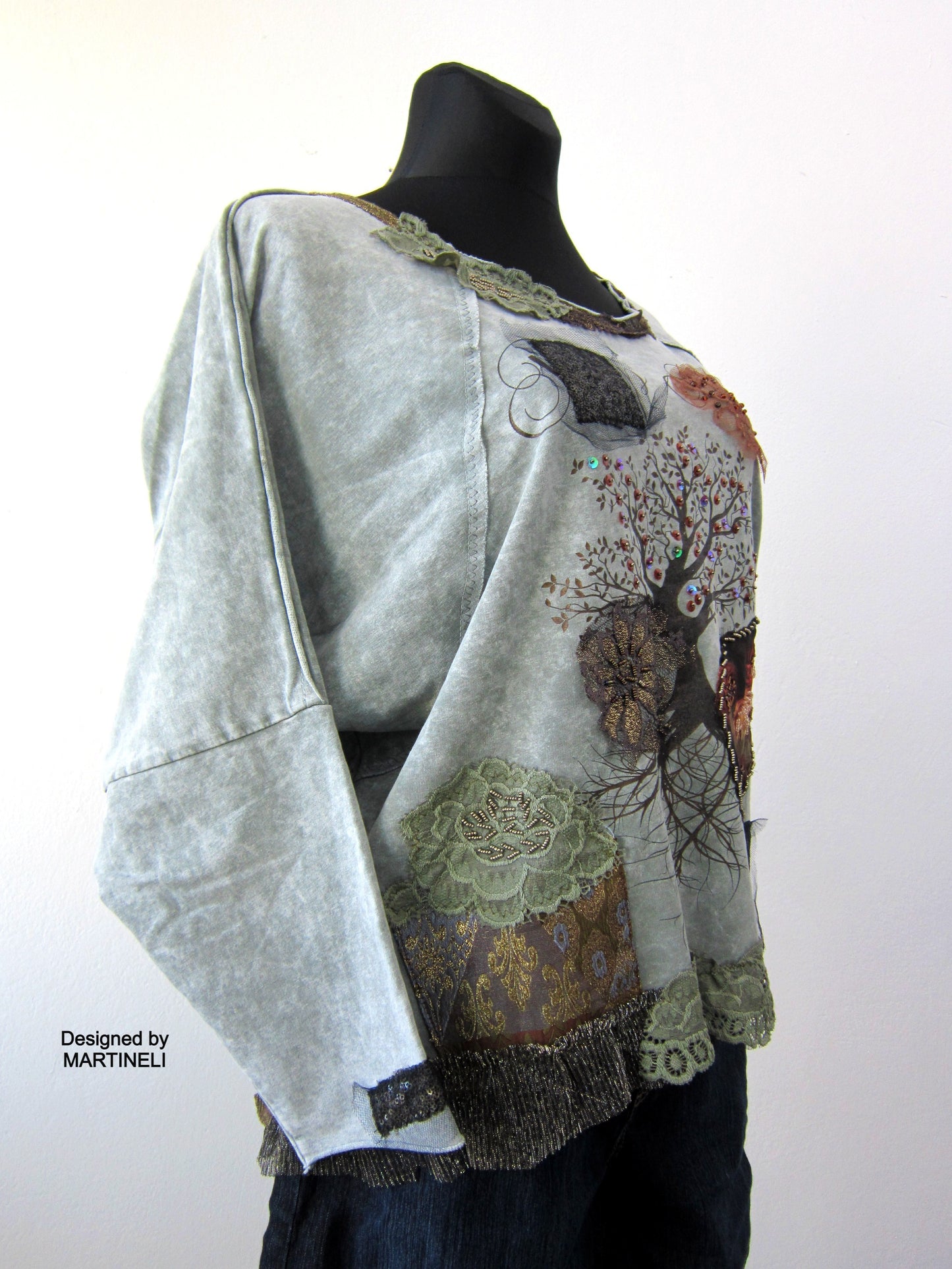 Embroidered Sweatshirt for Women,M Gray Cotton Top