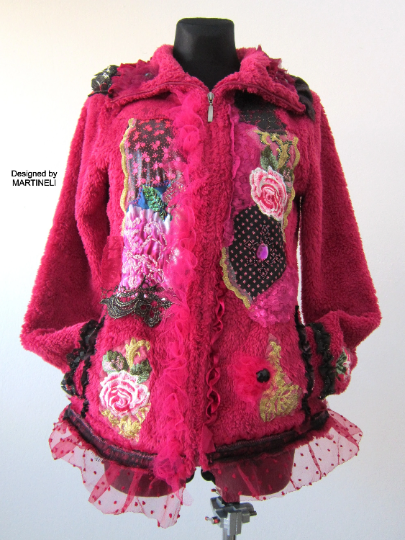 Pink Faux Fur Gypsy Jacket, M/L Embroidered Warm Jacket