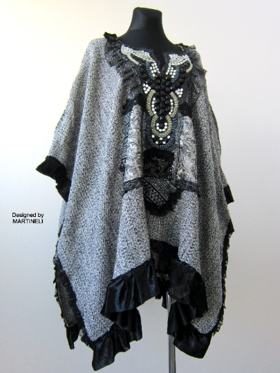 Gray Cotton Cape,Boho Chic Embroidered Poncho