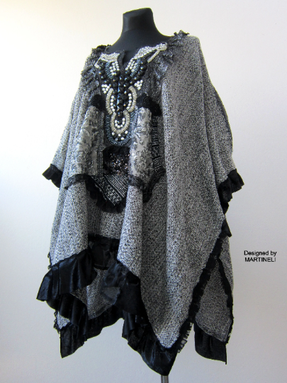 Gray Cotton Cape,Boho Chic Embroidered Poncho