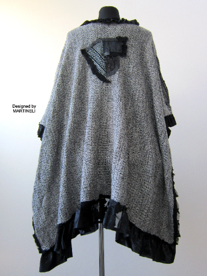 Gray Cotton Cape,Boho Chic Embroidered Poncho