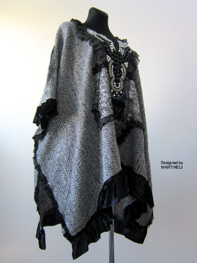 Gray Cotton Cape,Boho Chic Embroidered Poncho
