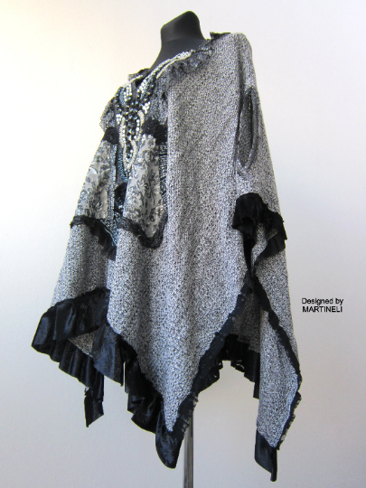 Gray Cotton Cape,Boho Chic Embroidered Poncho