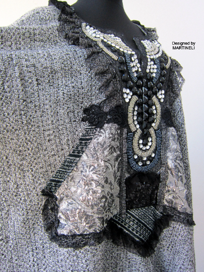 Gray Cotton Cape,Boho Chic Embroidered Poncho