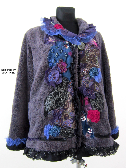 Gray Faux Fur Winter Jacket,L/XL Embroidered Warm Jacket