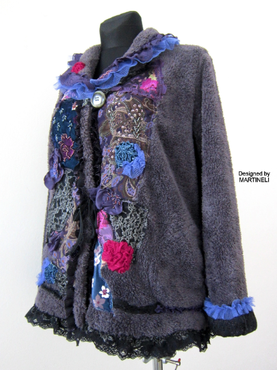 Gray Faux Fur Winter Jacket,L/XL Embroidered Warm Jacket