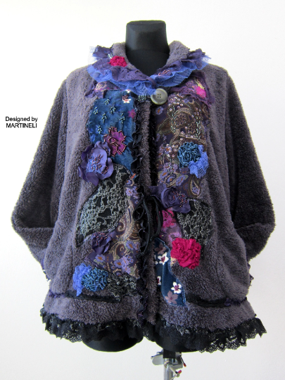 Gray Faux Fur Winter Jacket,L/XL Embroidered Warm Jacket