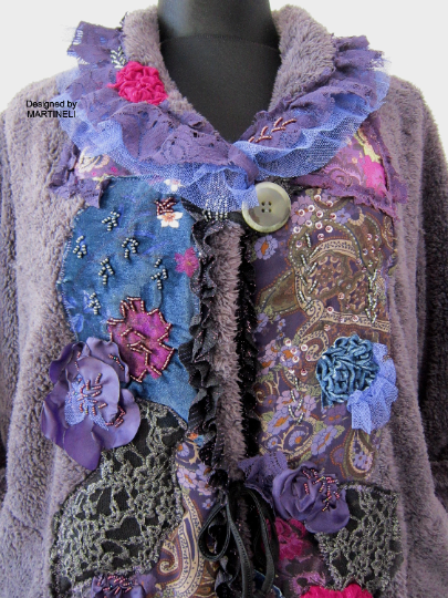 Gray Faux Fur Winter Jacket,L/XL Embroidered Warm Jacket