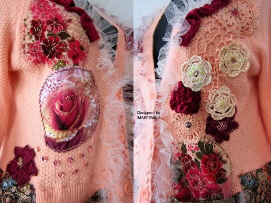 Pink Knit Cardigan,XL Gypsy Floral Embroidered Cardigan