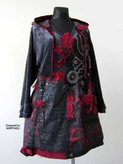 Plus Size Gray Velvet Hooded Sweatshirt Dress,2XL Upcycled Oversized Patchwork Denim Hoodie