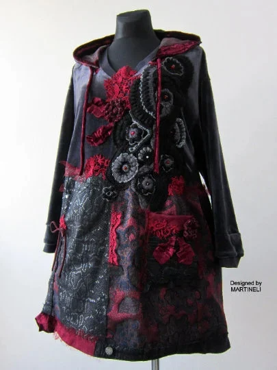 Plus Size Gray Velvet Hooded Sweatshirt Dress,2XL Upcycled Oversized Patchwork Denim Hoodie