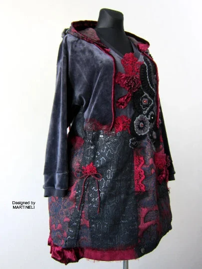 Plus Size Gray Velvet Hooded Sweatshirt Dress,2XL Upcycled Oversized Patchwork Denim Hoodie