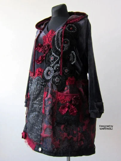 Plus Size Gray Velvet Hooded Sweatshirt Dress,2XL Upcycled Oversized Patchwork Denim Hoodie
