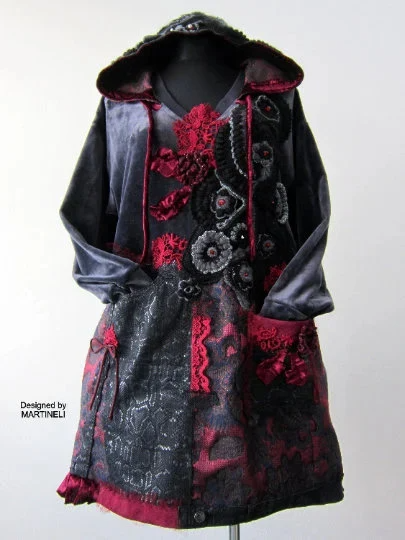 Plus Size Gray Velvet Hooded Sweatshirt Dress,2XL Upcycled Oversized Patchwork Denim Hoodie