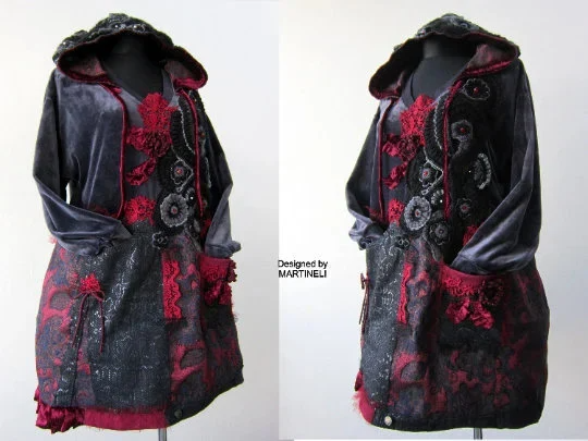 Plus Size Gray Velvet Hooded Sweatshirt Dress,2XL Upcycled Oversized Patchwork Denim Hoodie