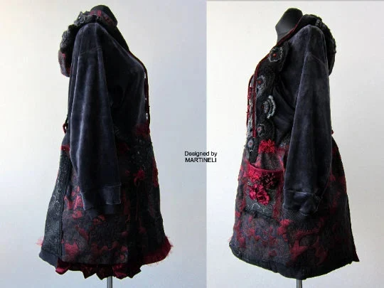 Plus Size Gray Velvet Hooded Sweatshirt Dress,2XL Upcycled Oversized Patchwork Denim Hoodie
