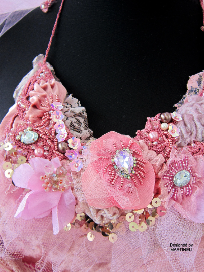 Boho Chic Pink Floral Necklace,Bold Statement Embroidered Necklace