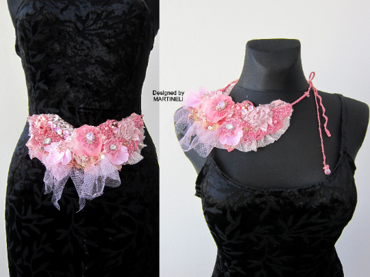 Boho Chic Pink Floral Necklace,Bold Statement Embroidered Necklace