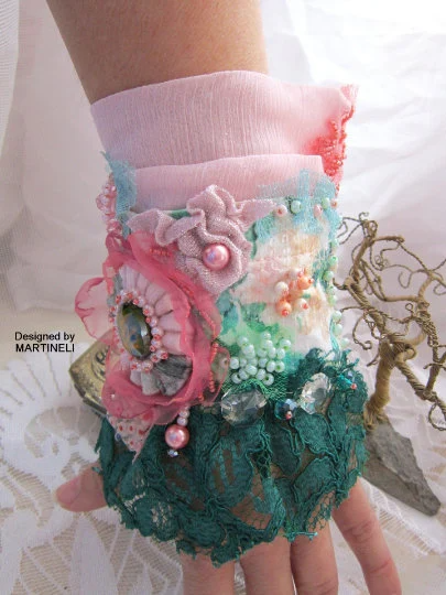 Pink Cuff Bracelet,Romantic Bracelet,Embroidered Bracelet
