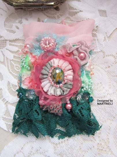 Pink Cuff Bracelet,Romantic Bracelet,Embroidered Bracelet