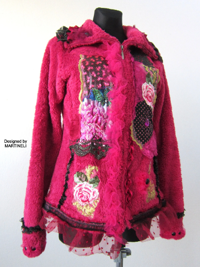 Pink Faux Fur Gypsy Jacket, M/L Embroidered Warm Jacket