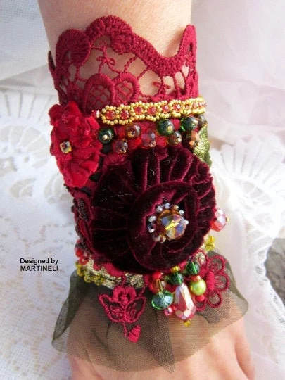 Boho Red Embroidered Cuff Bracelet