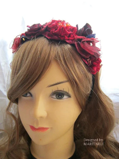 Boho Red Velvet Floral Headband,Gothic Beaded Headpiece