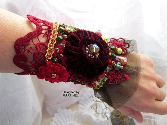 Boho Red Embroidered Cuff Bracelet