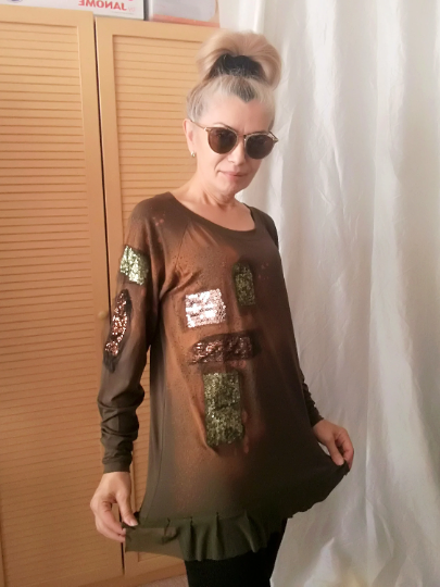 Khaki Green Embroidered Top,M Casual Woman Top