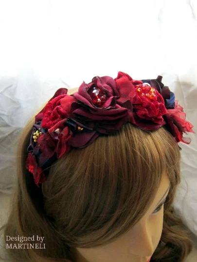 Boho Red Velvet Floral Headband,Gothic Beaded Headpiece