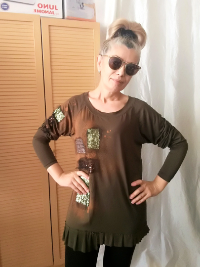 Khaki Green Embroidered Top,M Casual Woman Top
