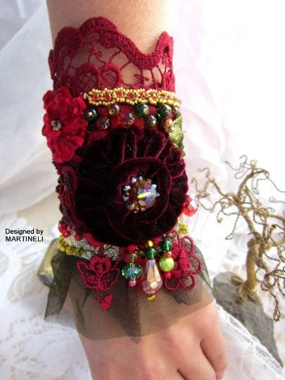 Boho Red Embroidered Cuff Bracelet