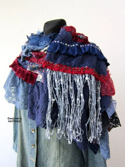 Blue Boho Festival Fringe Shawl,Upcycled Clothing For Women