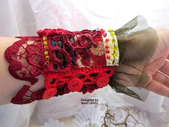 Boho Red Embroidered Cuff Bracelet