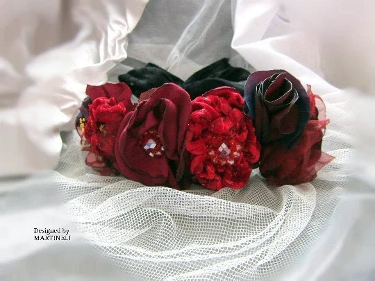 Boho Red Velvet Floral Headband,Gothic Beaded Headpiece