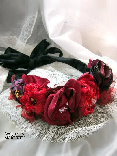 Boho Red Velvet Floral Headband,Gothic Beaded Headpiece