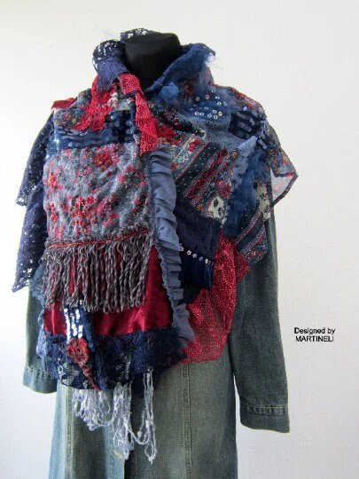 Blue Boho Festival Fringe Shawl,Upcycled Clothing For Women