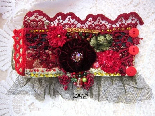 Boho Red Embroidered Cuff Bracelet